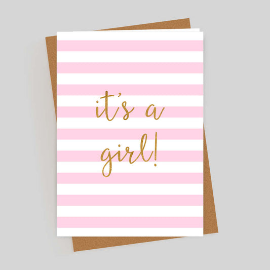 It's A Girl Gold Foil Pink Stripes Card
