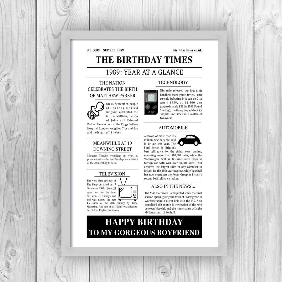 Personalised Newspaper Birthday Print-grey