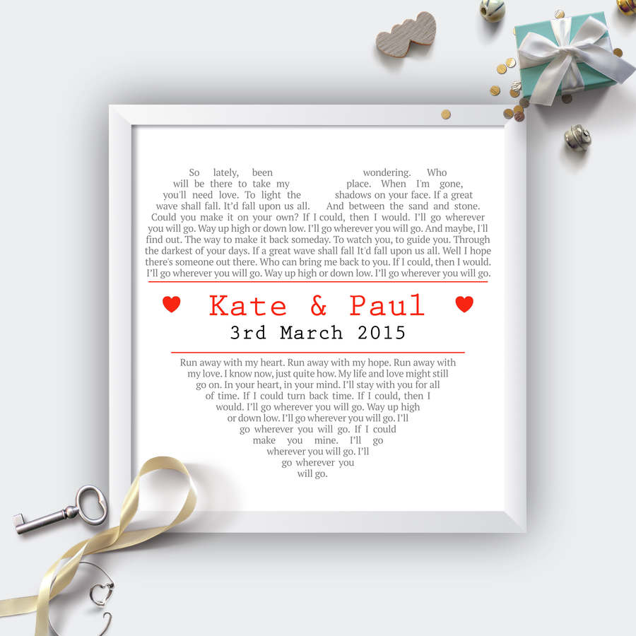 Personalised Square Heart Wedding First Dance Lyrics Print-white