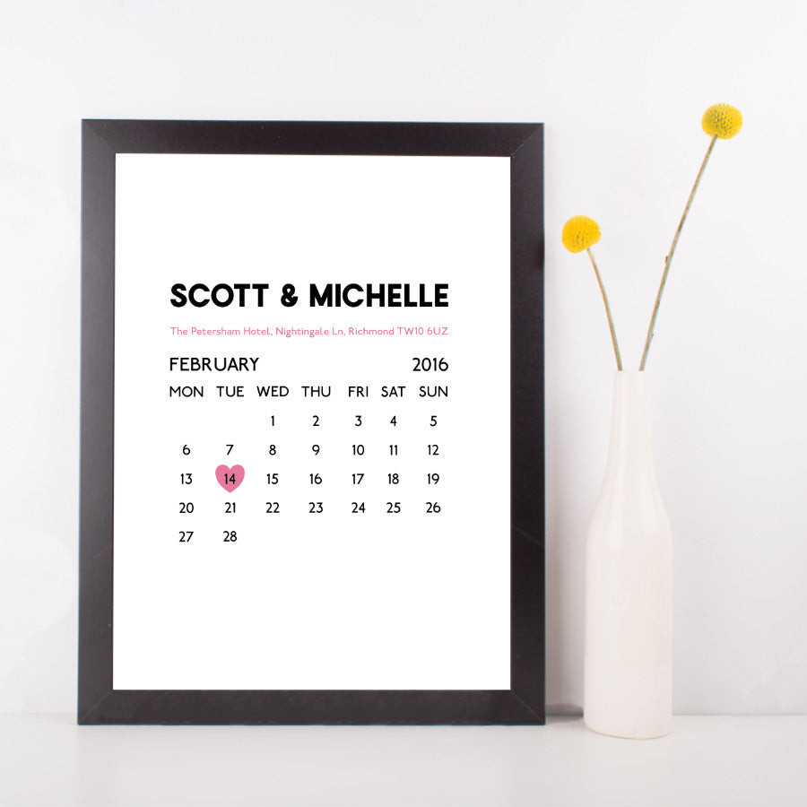 Personalised Wedding Date Calendar Print-black