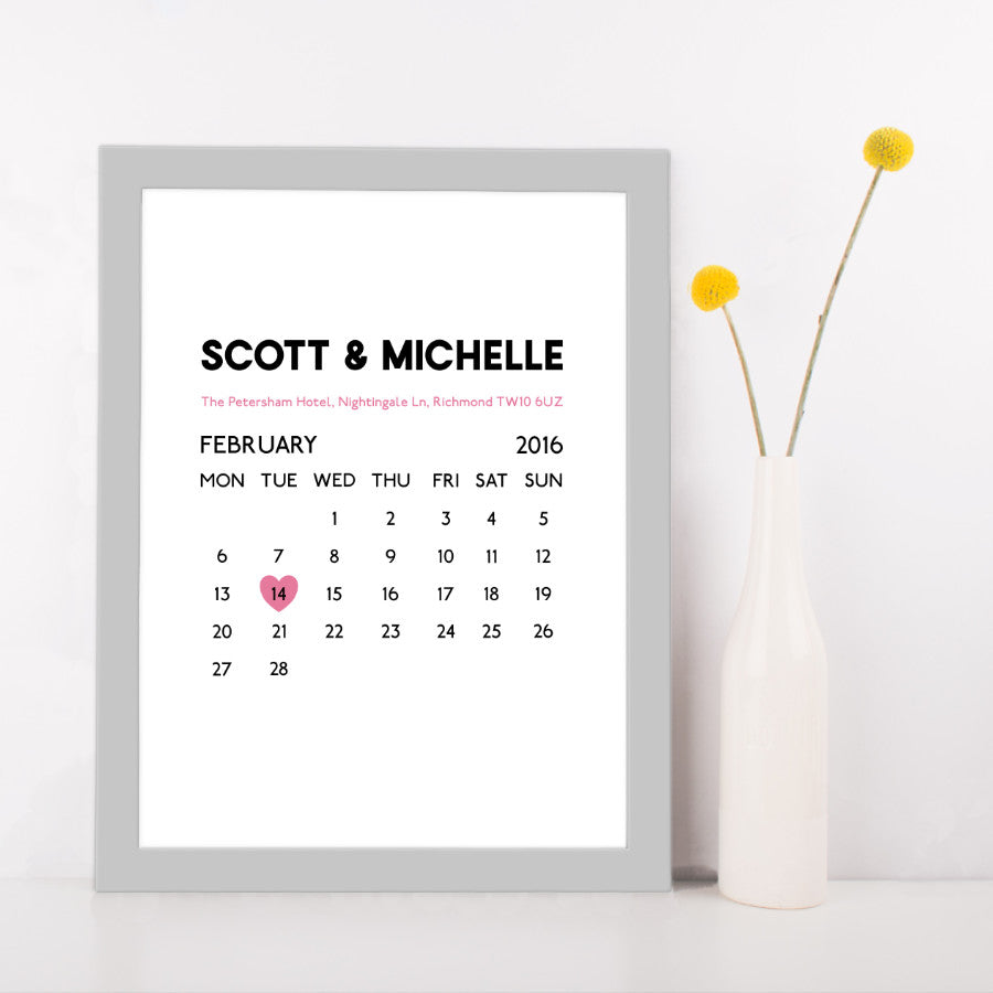 Personalised Wedding Date Calendar Print-grey