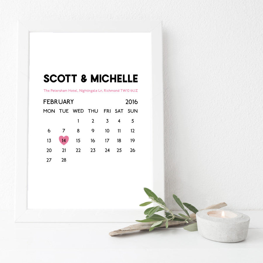 Personalised Wedding Date Calendar Print-white